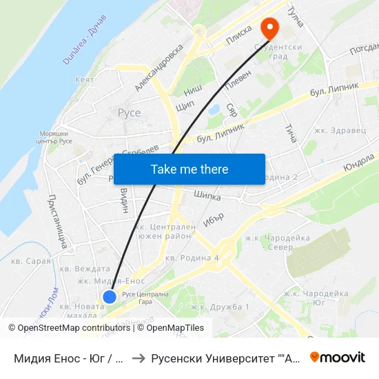 Мидия Енос - Юг / Media Enos - South to Русенски Университет ""Ангел Кънчев"" - Корпус 2 map