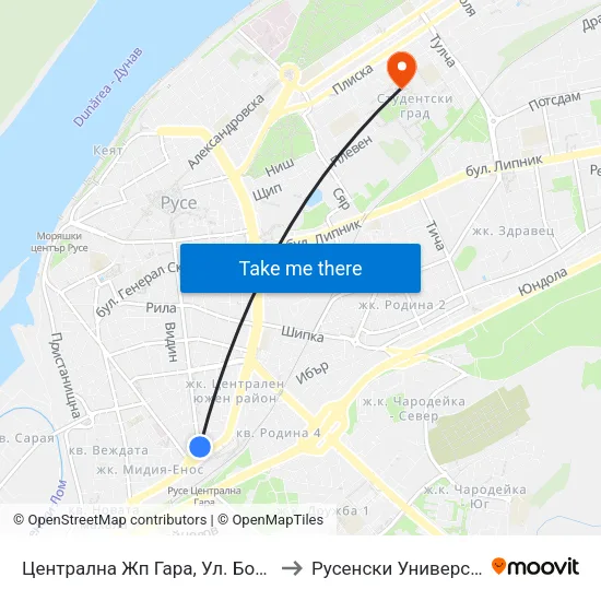 Централна Жп Гара, Ул. Борисова / Central Railway Station, Borisova Street to Русенски Университет ""Ангел Кънчев"" - Корпус 2 map