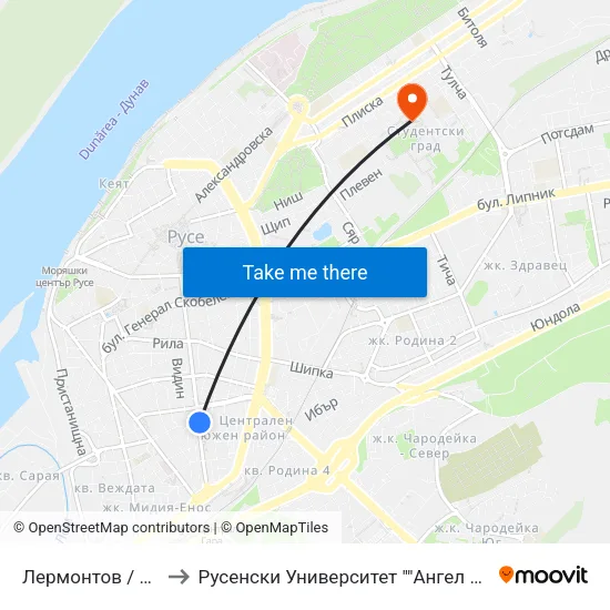Лермонтов / Lermontov to Русенски Университет ""Ангел Кънчев"" - Корпус 2 map