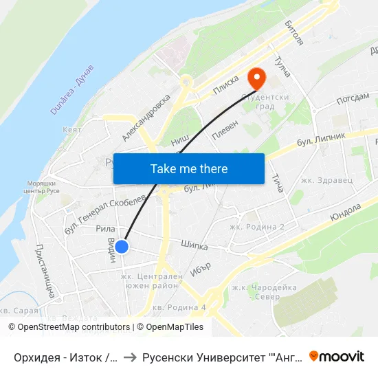 Орхидея - Изток / Orhideya - East to Русенски Университет ""Ангел Кънчев"" - Корпус 2 map