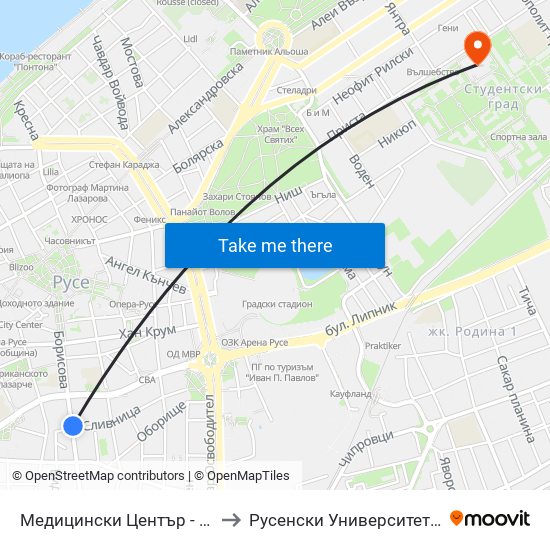 Медицински Център - Изток to Русенски Университет ""Ангел Кънчев"" - Корпус 2 map