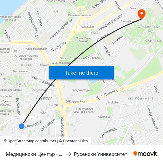 Медицински Център - Изток / Medical Centre - East to Русенски Университет ""Ангел Кънчев"" - Корпус 2 map