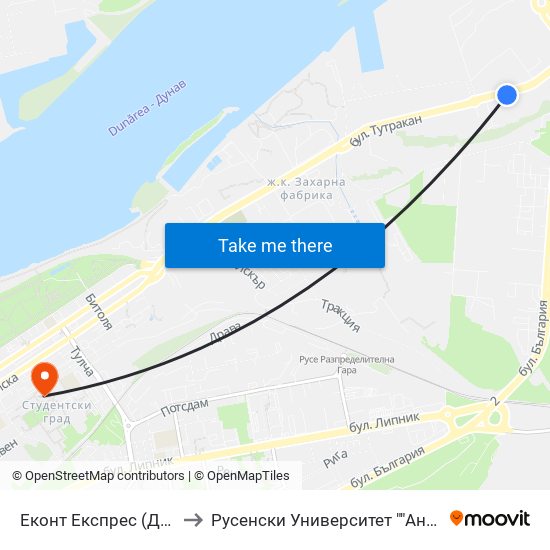 Еконт Експрес (Домостроене Ад) to Русенски Университет ""Ангел Кънчев"" - Корпус 2 map