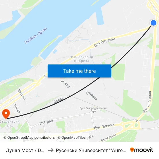 Дунав Мост / Danube Bridge to Русенски Университет ""Ангел Кънчев"" - Корпус 2 map