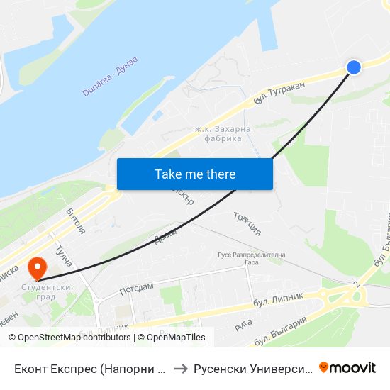 Еконт Експрес (Напорни Тръби) to Русенски Университет ""Ангел Кънчев"" - Корпус 2 map