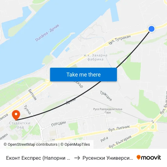 Еконт Експрес (Напорни Тръби) / Econt Express (Pressure Pipes) to Русенски Университет ""Ангел Кънчев"" - Корпус 2 map