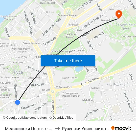 Медицински Център - Запад / Medical Centre - West to Русенски Университет ""Ангел Кънчев"" - Корпус 2 map