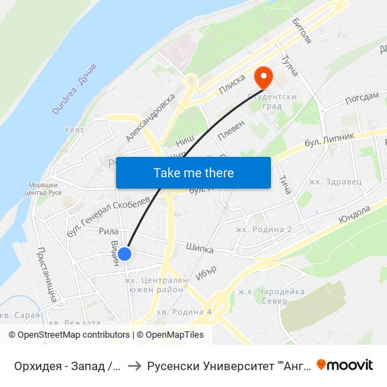 Орхидея - Запад / Orhideya - West to Русенски Университет ""Ангел Кънчев"" - Корпус 2 map