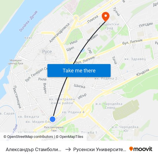 Александър Стамболийски - Юг (Централна Жп Гара) to Русенски Университет ""Ангел Кънчев"" - Корпус 2 map
