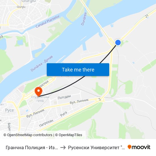 Гранчна Полиция - Изток to Русенски Университет ""Ангел Кънчев"" - Корпус 2 map