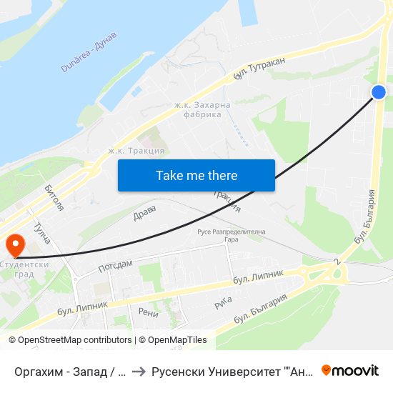 Оргахим - Запад / Orgachim - West to Русенски Университет ""Ангел Кънчев"" - Корпус 2 map