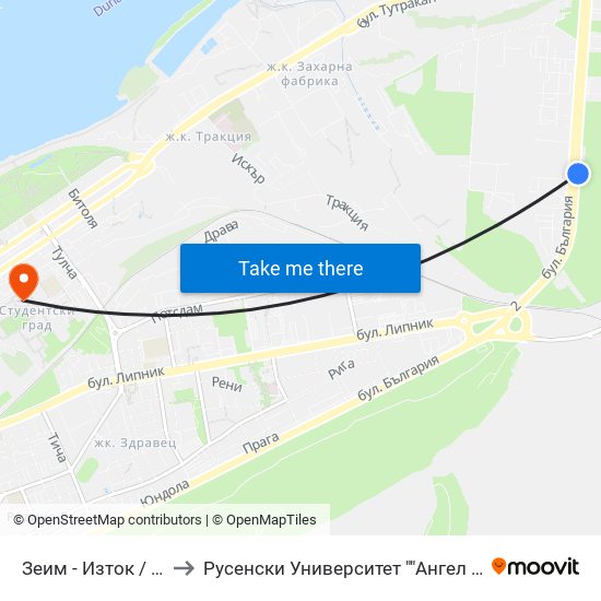 Зеим - Изток to Русенски Университет ""Ангел Кънчев"" - Корпус 2 map