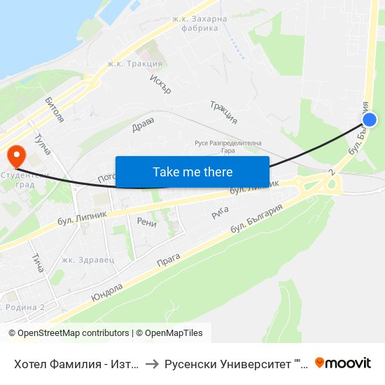 Хотел Фамилия - Изток to Русенски Университет ""Ангел Кънчев"" - Корпус 2 map