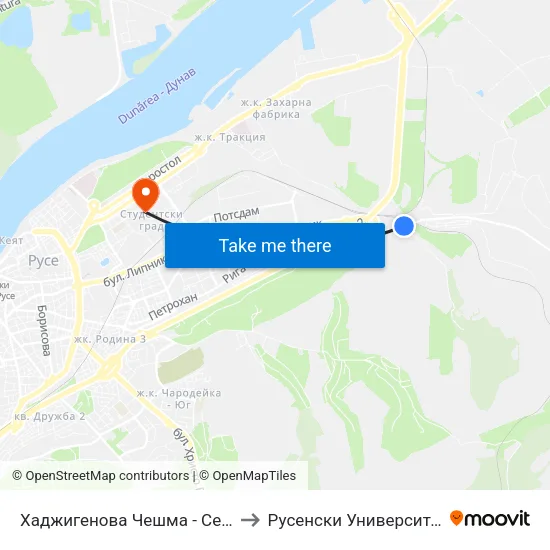 Хаджигенова Чешма - Север / Hadzhigenova Cheshma - North to Русенски Университет ""Ангел Кънчев"" - Корпус 2 map