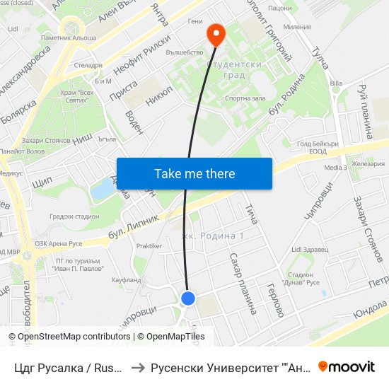 Цдг Русалка / Rusalka Kindergarten to Русенски Университет ""Ангел Кънчев"" - Корпус 2 map