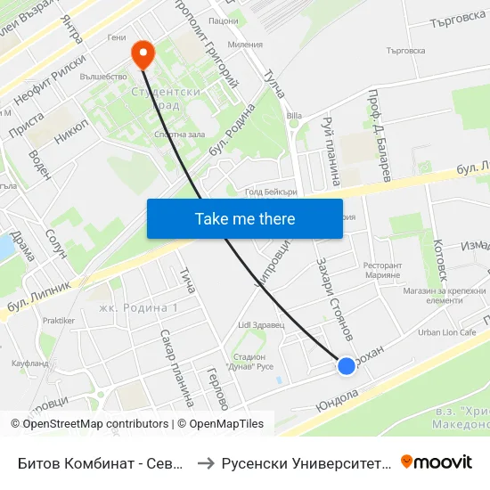 Битов Комбинат - Север / Home Appliances - North to Русенски Университет ""Ангел Кънчев"" - Корпус 2 map