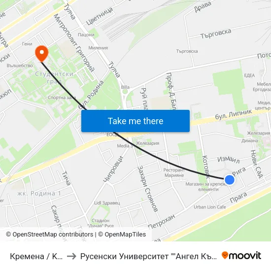 Кремена / Kremena to Русенски Университет ""Ангел Кънчев"" - Корпус 2 map