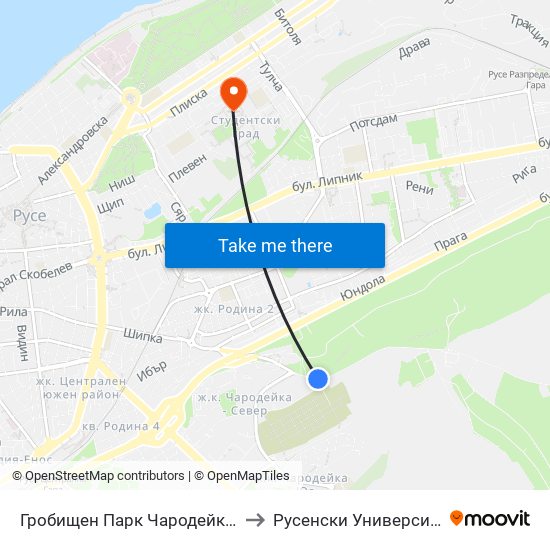 Гробищен Парк Чародейка - Север to Русенски Университет ""Ангел Кънчев"" - Корпус 2 map