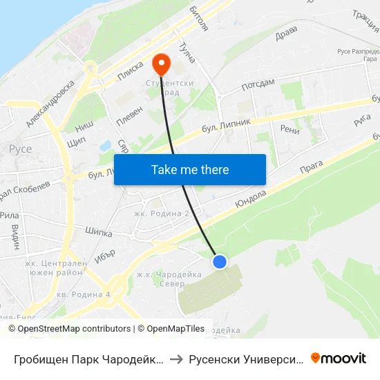 Гробищен Парк Чародейка - Север / Charodeyka Cemetery - North to Русенски Университет ""Ангел Кънчев"" - Корпус 2 map