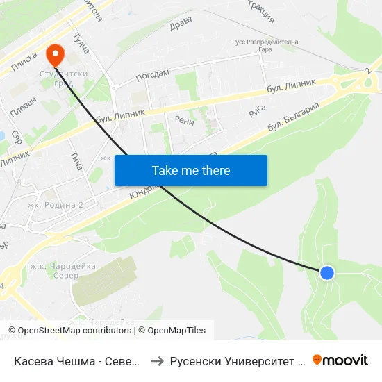 Касева Чешма - Север / Kaseva Cheshma - North to Русенски Университет ""Ангел Кънчев"" - Корпус 2 map
