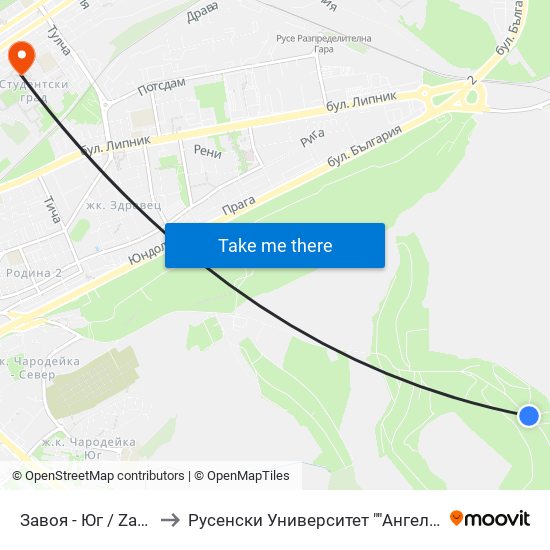 Завоя - Юг / Zavoya - South to Русенски Университет ""Ангел Кънчев"" - Корпус 2 map