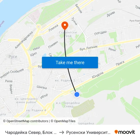 Чародейка Север, Блок №302 / Charodeyka North, Bl. 302 to Русенски Университет ""Ангел Кънчев"" - Корпус 2 map