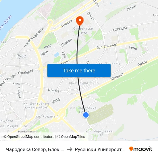 Чародейка Север, Блок №401 / Charodeyka North, Bl. 401 to Русенски Университет ""Ангел Кънчев"" - Корпус 2 map