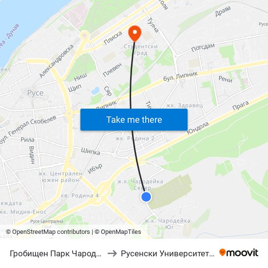 Гробищен Парк Чародейка to Русенски Университет ""Ангел Кънчев"" - Корпус 2 map