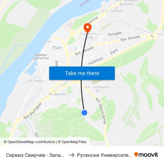 Сервиз Свирчев - Запад / Svirchev Service Station - West to Русенски Университет ""Ангел Кънчев"" - Корпус 2 map