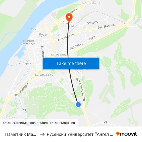 Паметник Мара Манева to Русенски Университет ""Ангел Кънчев"" - Корпус 2 map