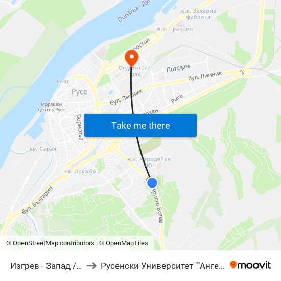 Изгрев - Запад / Izgrev - West to Русенски Университет ""Ангел Кънчев"" - Корпус 2 map