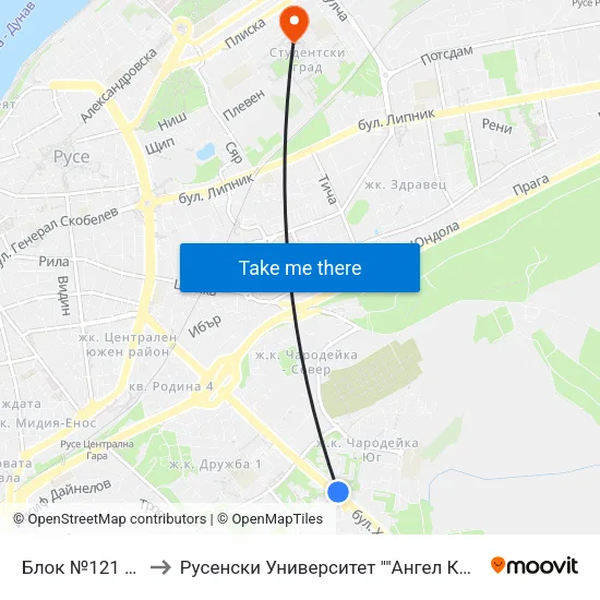 Блок №121 / Bl. 121 to Русенски Университет ""Ангел Кънчев"" - Корпус 2 map