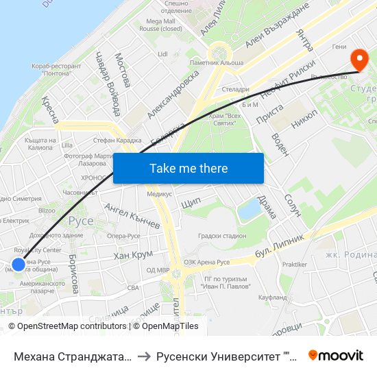 Механа Странджата to Русенски Университет ""Ангел Кънчев"" - Корпус 2 map