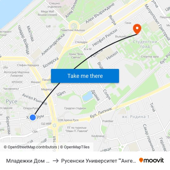 Младежки Дом to Русенски Университет ""Ангел Кънчев"" - Корпус 2 map