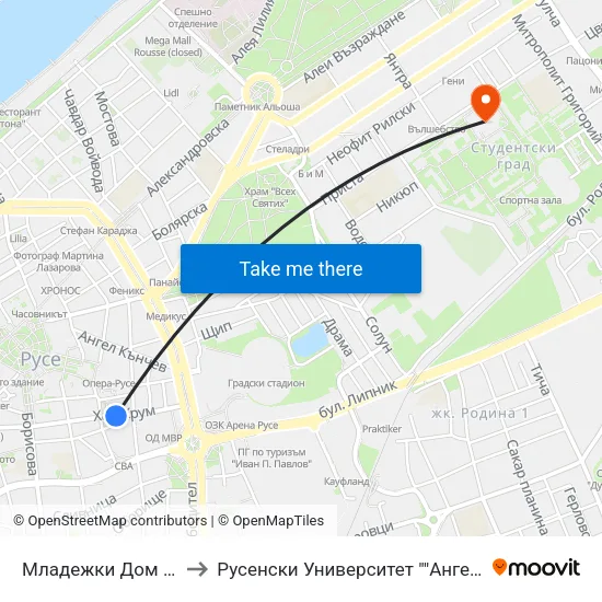 Младежки Дом / Youth Home to Русенски Университет ""Ангел Кънчев"" - Корпус 2 map