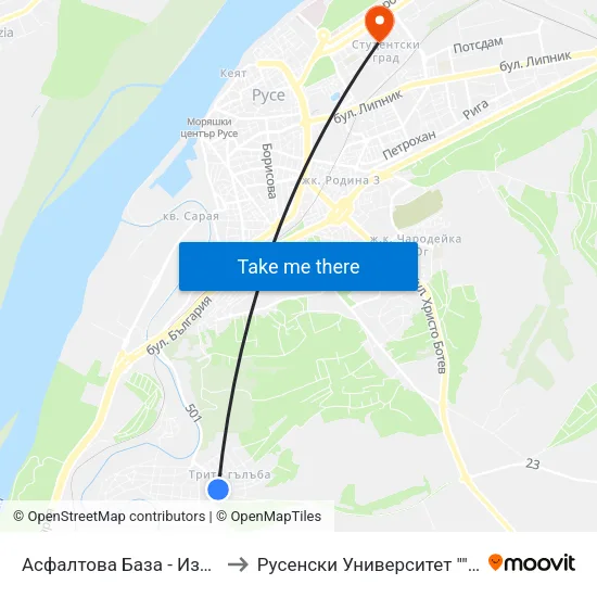 Асфалтова База - Изток / Asphalt Base - East to Русенски Университет ""Ангел Кънчев"" - Корпус 2 map