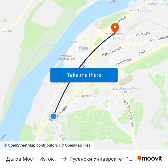 Дъгов Мост - Изток / Dagov Bridge - East to Русенски Университет ""Ангел Кънчев"" - Корпус 2 map