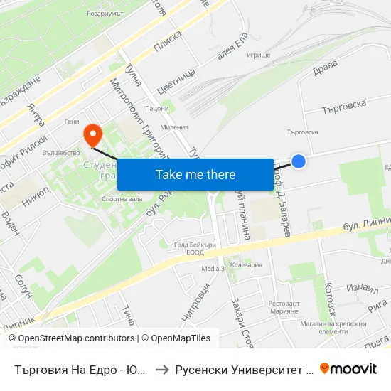 Търговия На Едро - Юг / Wholesale Market - South to Русенски Университет ""Ангел Кънчев"" - Корпус 2 map