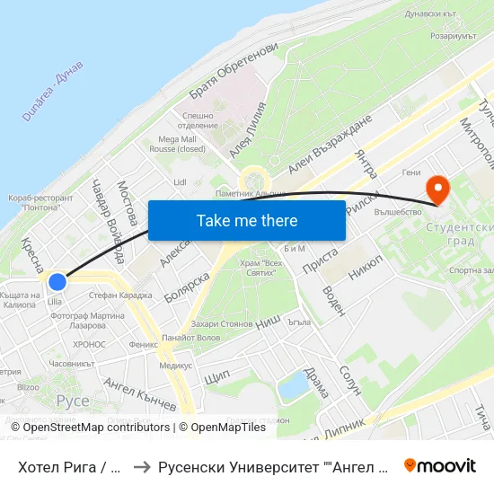 Хотел Рига / Riga Hotel to Русенски Университет ""Ангел Кънчев"" - Корпус 2 map