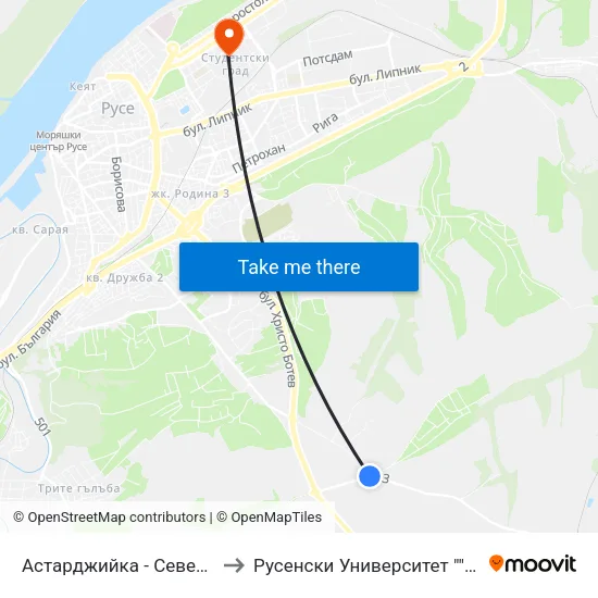 Астарджийка - Север / Astardzhiyka - North to Русенски Университет ""Ангел Кънчев"" - Корпус 2 map