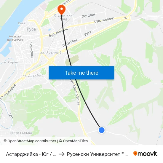 Астарджийка - Юг / Astardzhiyka - South to Русенски Университет ""Ангел Кънчев"" - Корпус 2 map