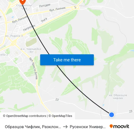 Образцов Чифлик, Разклон - Север / Fork Road For Obraztsov Chiflik - North to Русенски Университет ""Ангел Кънчев"" - Корпус 2 map