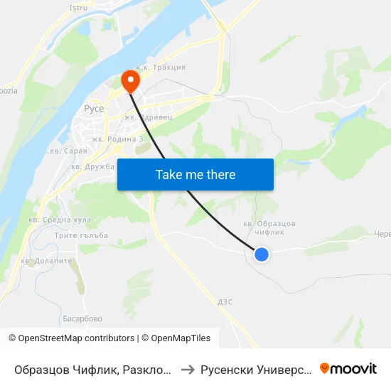 Образцов Чифлик, Разклон - Юг / Fork Road For Obraztsov Chiflik - South to Русенски Университет ""Ангел Кънчев"" - Корпус 2 map