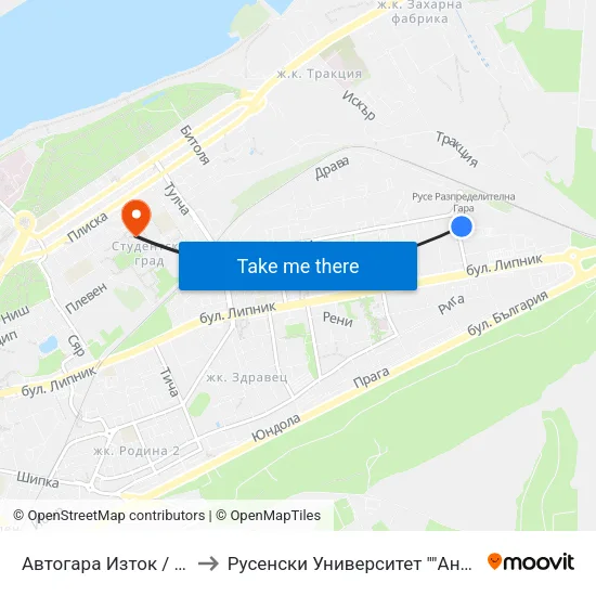 Автогара Изток / East Bus Station to Русенски Университет ""Ангел Кънчев"" - Корпус 2 map