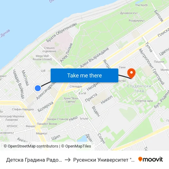 Детска Градина Радост / Radost Kindergarten to Русенски Университет ""Ангел Кънчев"" - Корпус 2 map