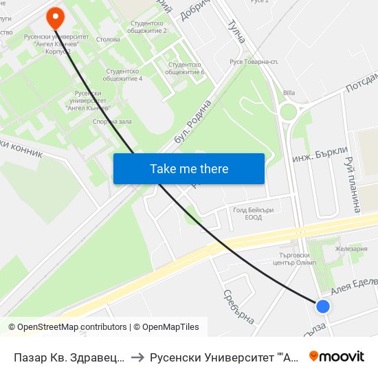 Пазар Кв. Здравец to Русенски Университет ""Ангел Кънчев"" - Корпус 2 map