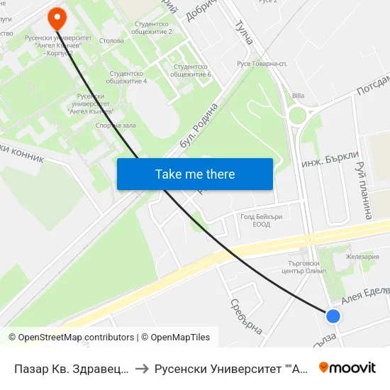 Пазар Кв. Здравец / Zdravets Market to Русенски Университет ""Ангел Кънчев"" - Корпус 2 map