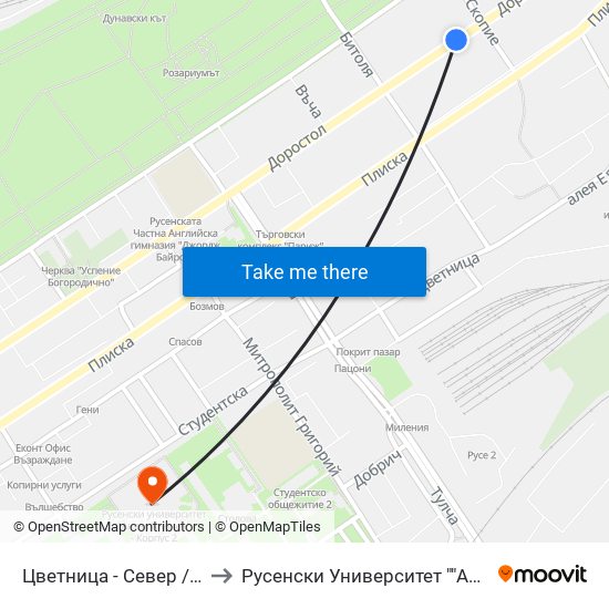 Кв. Цветница - Север to Русенски Университет ""Ангел Кънчев"" - Корпус 2 map