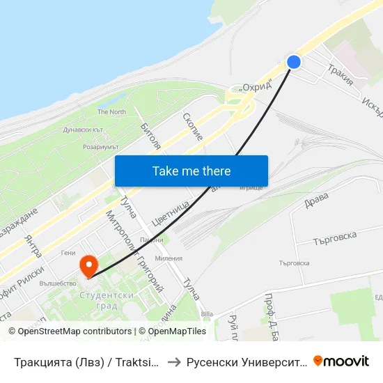 Тракцията (Лвз) / Traktsiyata (Locomotive And Wagon Factory) to Русенски Университет ""Ангел Кънчев"" - Корпус 2 map