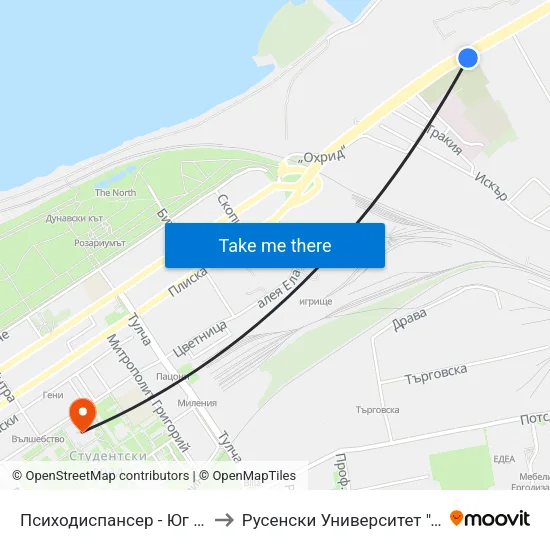Психодиспансер - Юг / Psychiatric Clinic - South to Русенски Университет ""Ангел Кънчев"" - Корпус 2 map